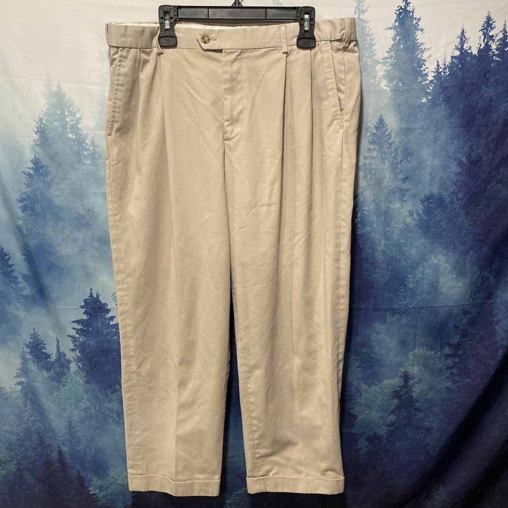Saddlebred Men Pleated Chino Pants Khaki Tan Cuffed‎ Hem Trousers SZ 38x30